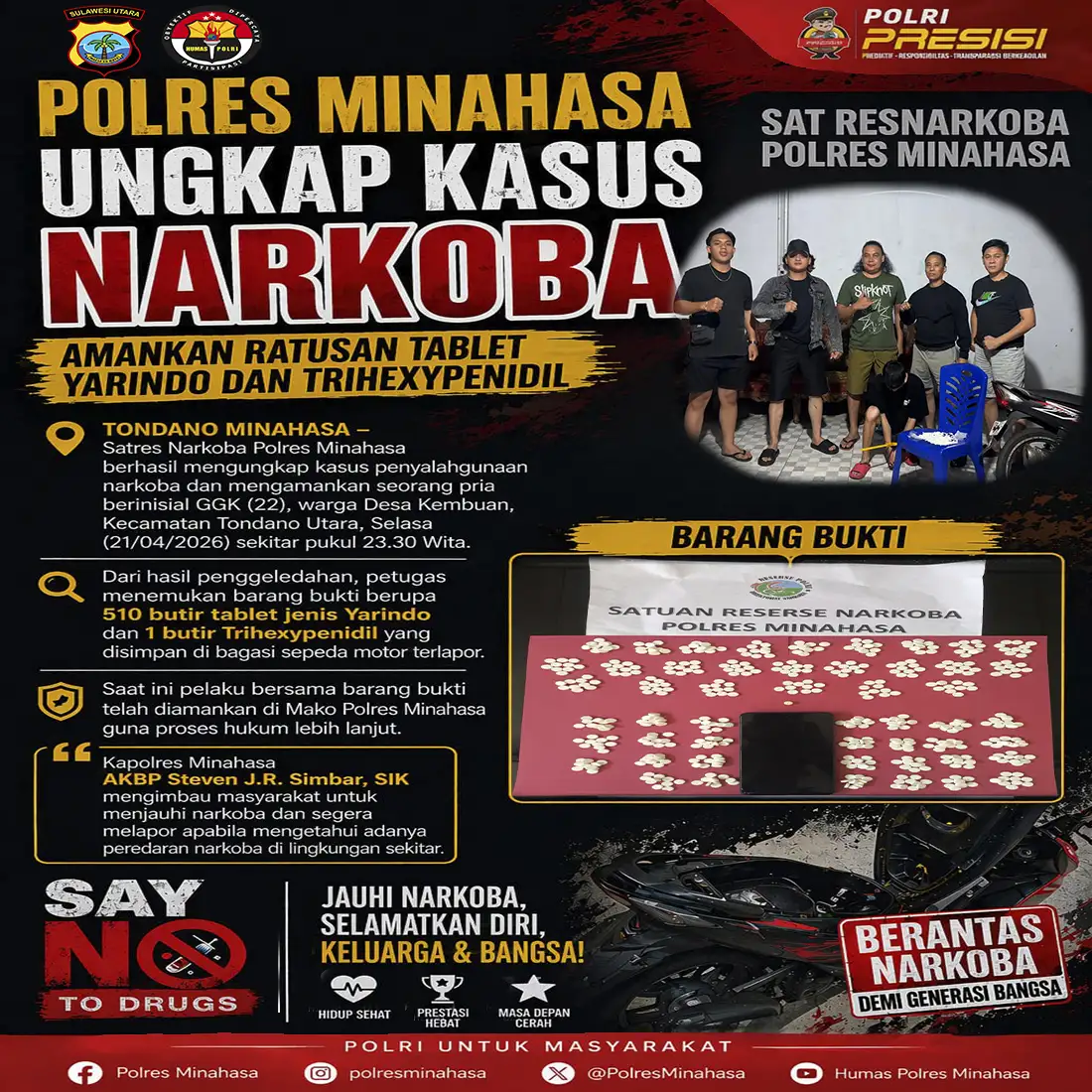 Satres Narkoba Polres Minahasa Ungkap Kasus Narkoba, Amankan Ratusan Tablet Yarindo dan Trihexypenidil